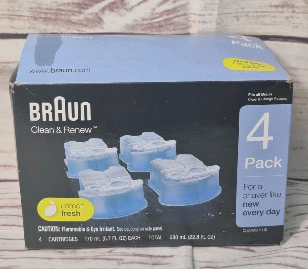 Genuine Braun Shaving Station Clean & Renew Refill Cartridges 4 Pack Lemon-Fresh